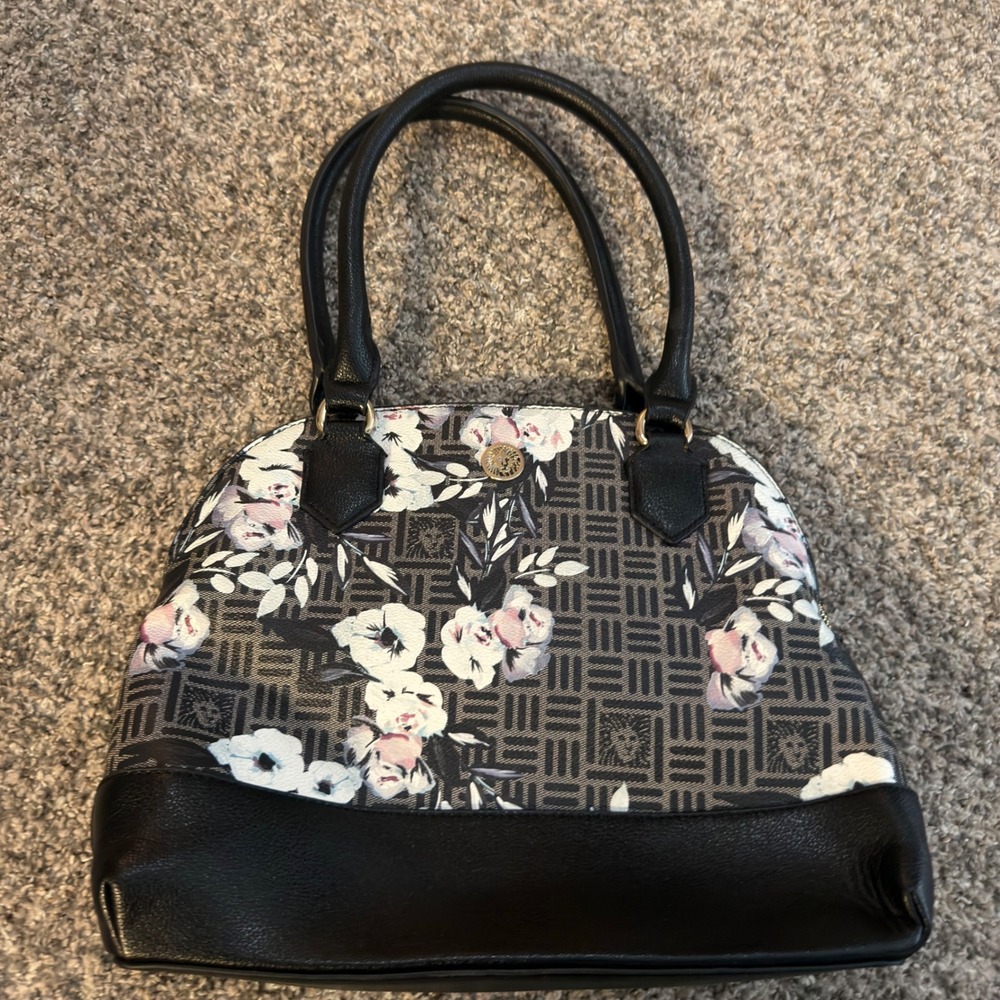 Anne Klein Floral Logo Print Dome Satchel Bag Black White Gold Tone Hardware